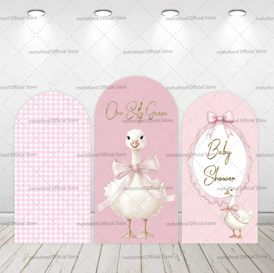 Mehofond Custom 2-Sided One Silly Goose Blue Plaid Kids Birthday Party Baby Shower Cover Chiara Arch Background Decor Backdrop