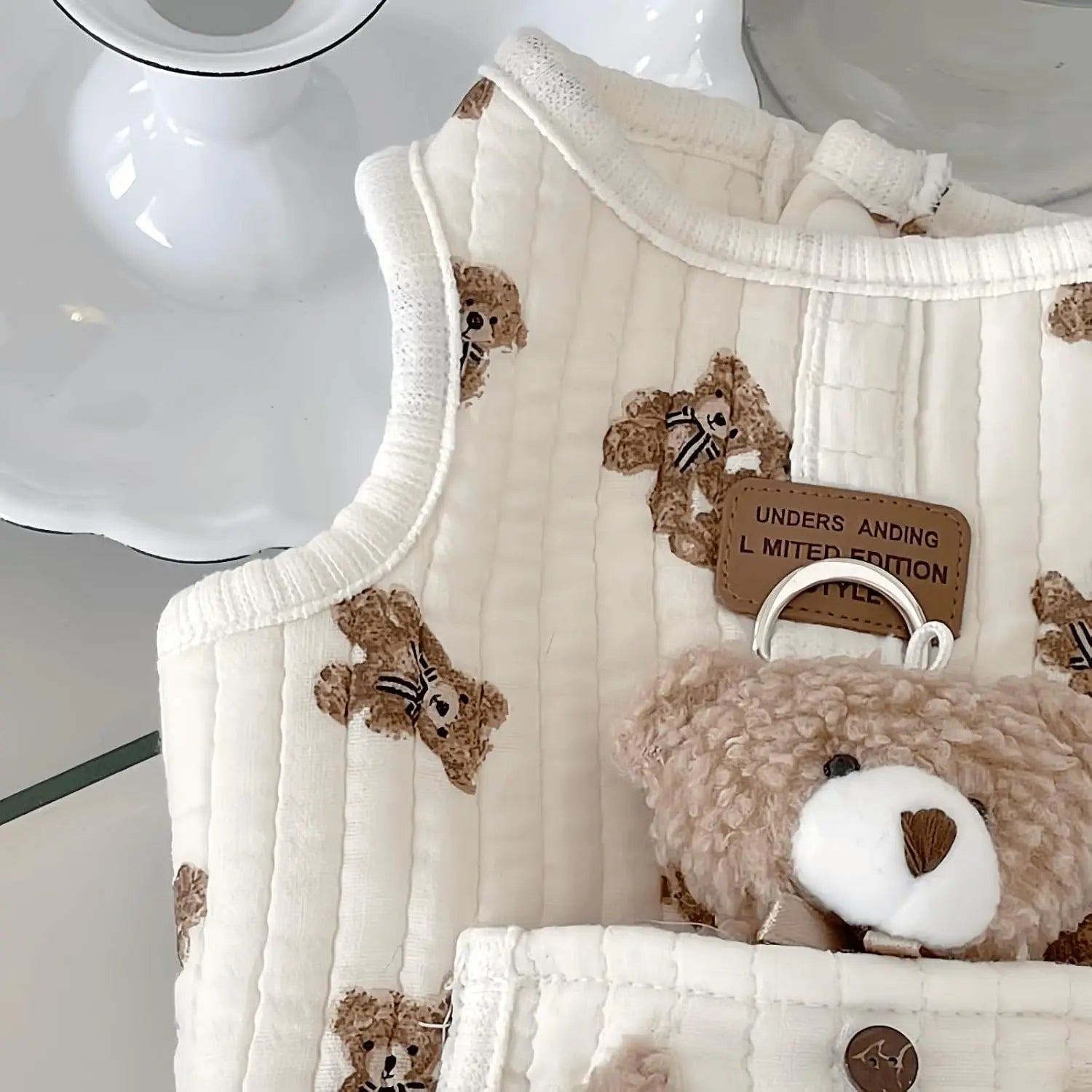 Cute Pet Apparel Plush Bear Pattern Sleeveless Dog Clothes for Small Puppy Kitten Pullover Soft Skin-Friendly