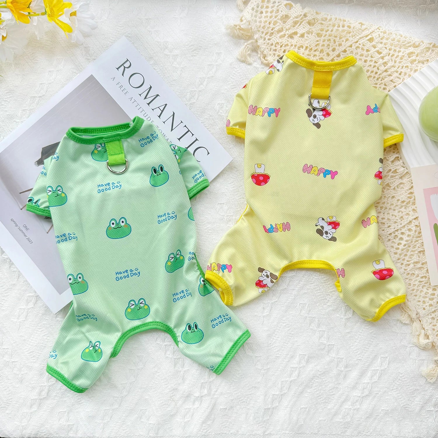 Pet Summer Clothes Frog Bear Unicorn Print Dog Jumpsuit Thin Breathable Mesh 4-Leg Pajamas Onesie Sun Protection Outfit