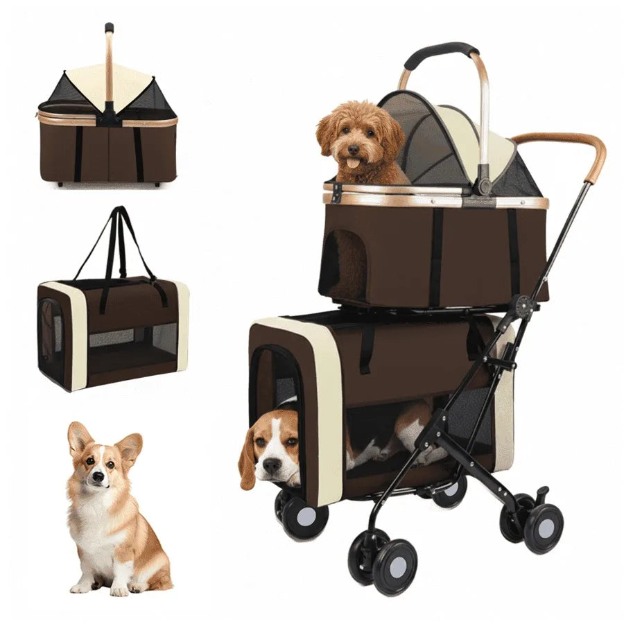 I YAN dual 4-in-1 pet stroller with foldable design, brown color, four wheels, suitable for medium dogs and cats up to 50lbs.
