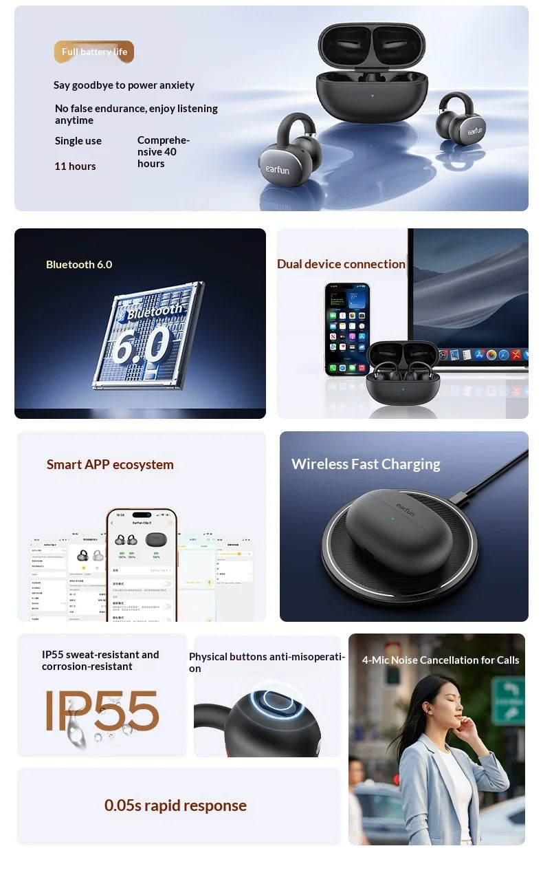 EarFun Clip 2 Open Ear Sport Bluetooth Earphones Hi-Res Sound AI Translation IP55 Waterproof Long Battery Life for Outdoor