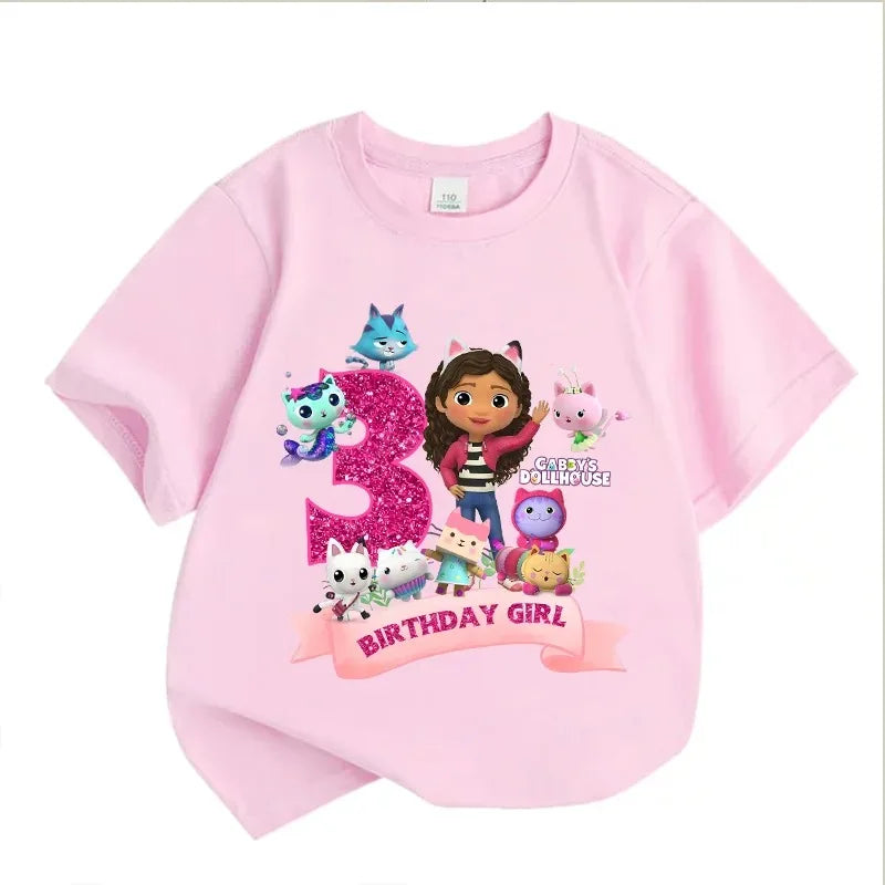 Gabbys Dollhouses Birthday Number T-shirt Girls White Pink Short Sleeve T-shirts Tops Cotton Summer Casual Party Supplies Tee