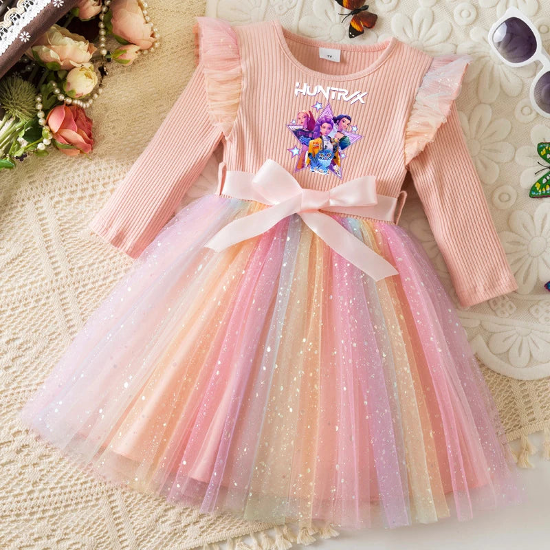 K-Pop Hunters Rainbow Princess Dress for Girls Sequin Birthday Party Mesh Dress for Baby Casual Long Sleeve Girls Dresses 1-5Y