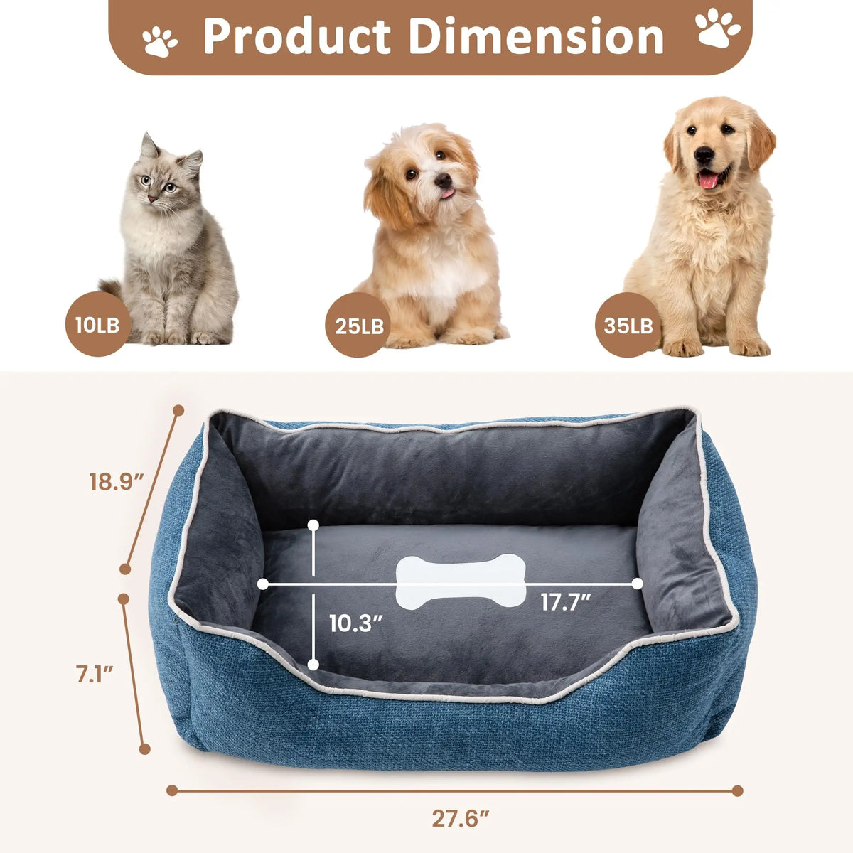 Blue small dog and cat bed with anti-slip bottom, plush interior, and removable washable cover for indoor and outdoor use.