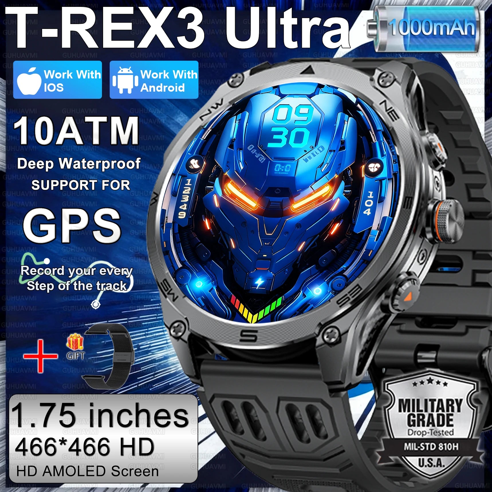 2026 New Military Smart Watch 1000Mah Battery GPS trace Compass 10ATM Waterproof Tactics Sport Flashlight call Smart Watch Men