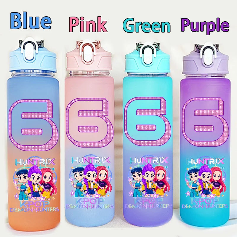 I YAN Kpop Demon Hunters 750ML water bottle featuring warriors letter and number design, ideal for kids' school accessories.