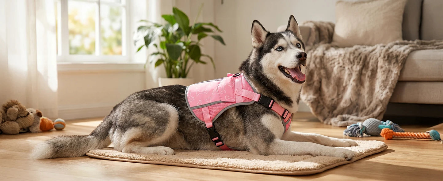 Pink I YAN dog cooling vest harness with 4 ice packs and large size, designed to keep large dogs cool for over 180 minutes.