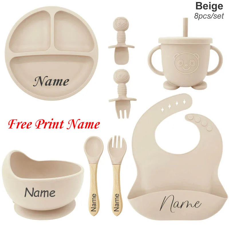 Personalized Baby Feeding Set 8-Piece – Silicone Plate Bowl Cup & Bib with Free Name Print - I YAN