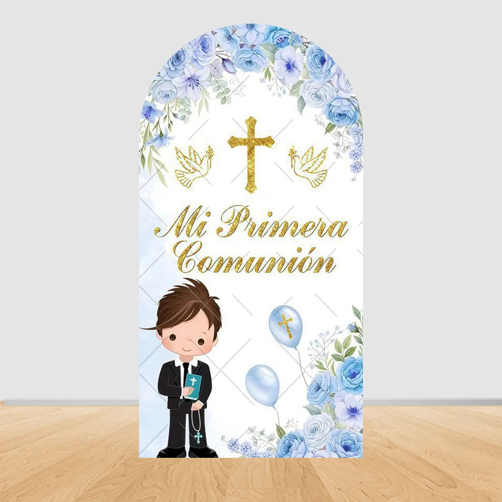 First Holy Communion Arch Backdrop Cover Boys Girls Christening God Bless Cross Green Leaves Decor Backgrounds for Photographs