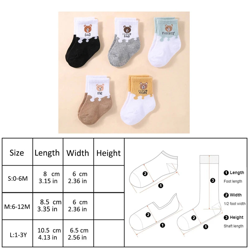Set of five I YAN Baby Bear Family Socks featuring cute cartoon bear designs for newborns and toddlers.