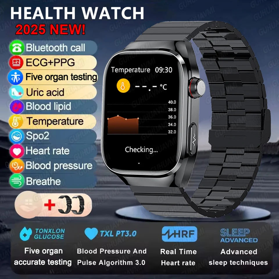 I YAN micro physical examination smartwatch for men displaying health metrics, body fat, uric acid, and Bluetooth call features.