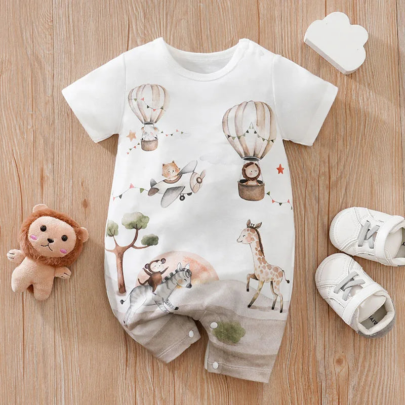 Baby Summer Bodysuit – Cute Cartoon Animal Print Short Sleeve Romper (0–18 Months) - I YAN