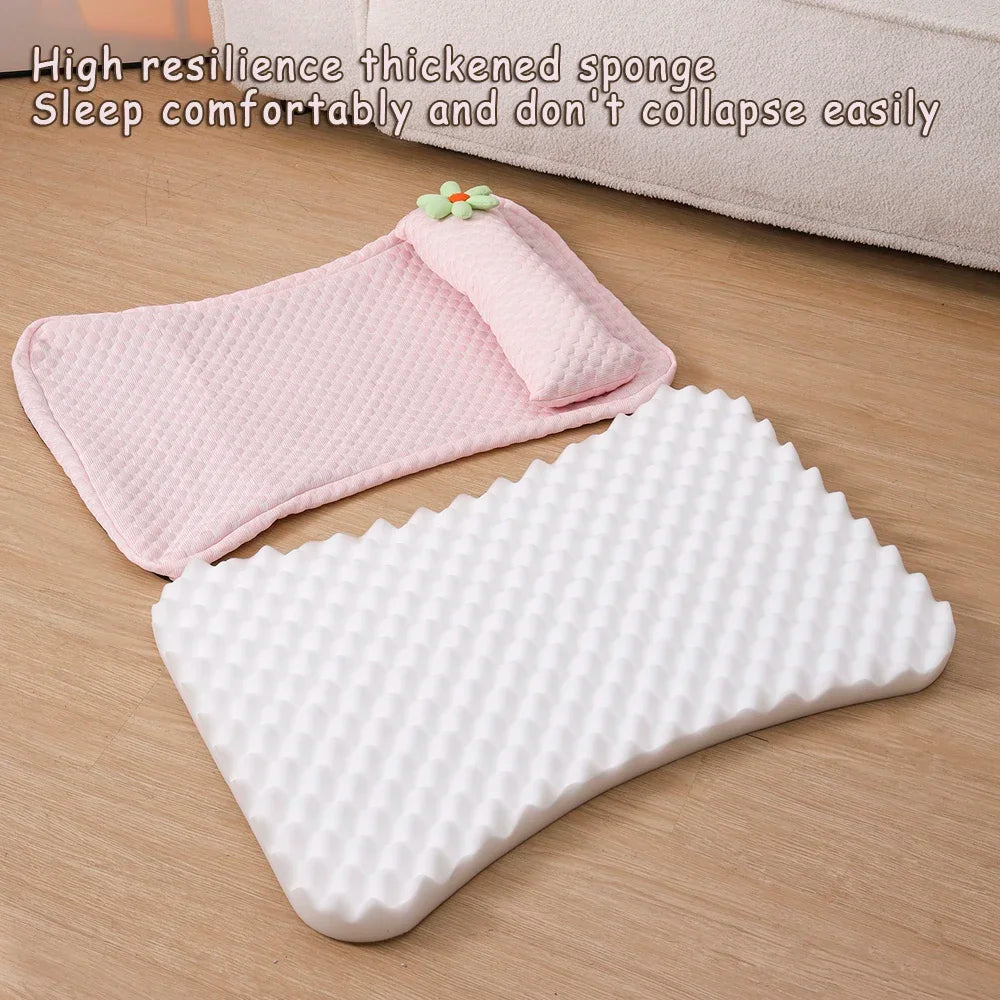 I YAN ice silk pet sofa with thickened cooling dog bed cushion, elastic sponge design, and pillow for medium dogs.