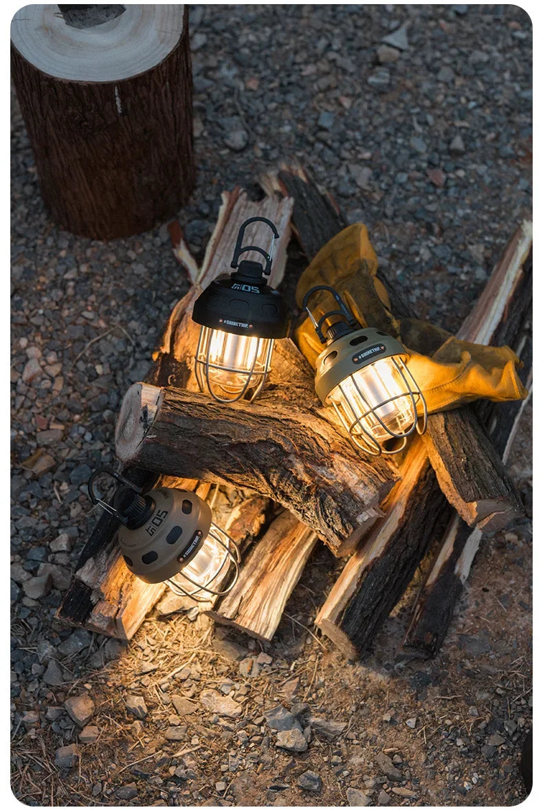 Outdoor vintage pendant light from I YAN, ultra-long life camping lantern with rechargeable ambient lighting for tents and outdoor use.