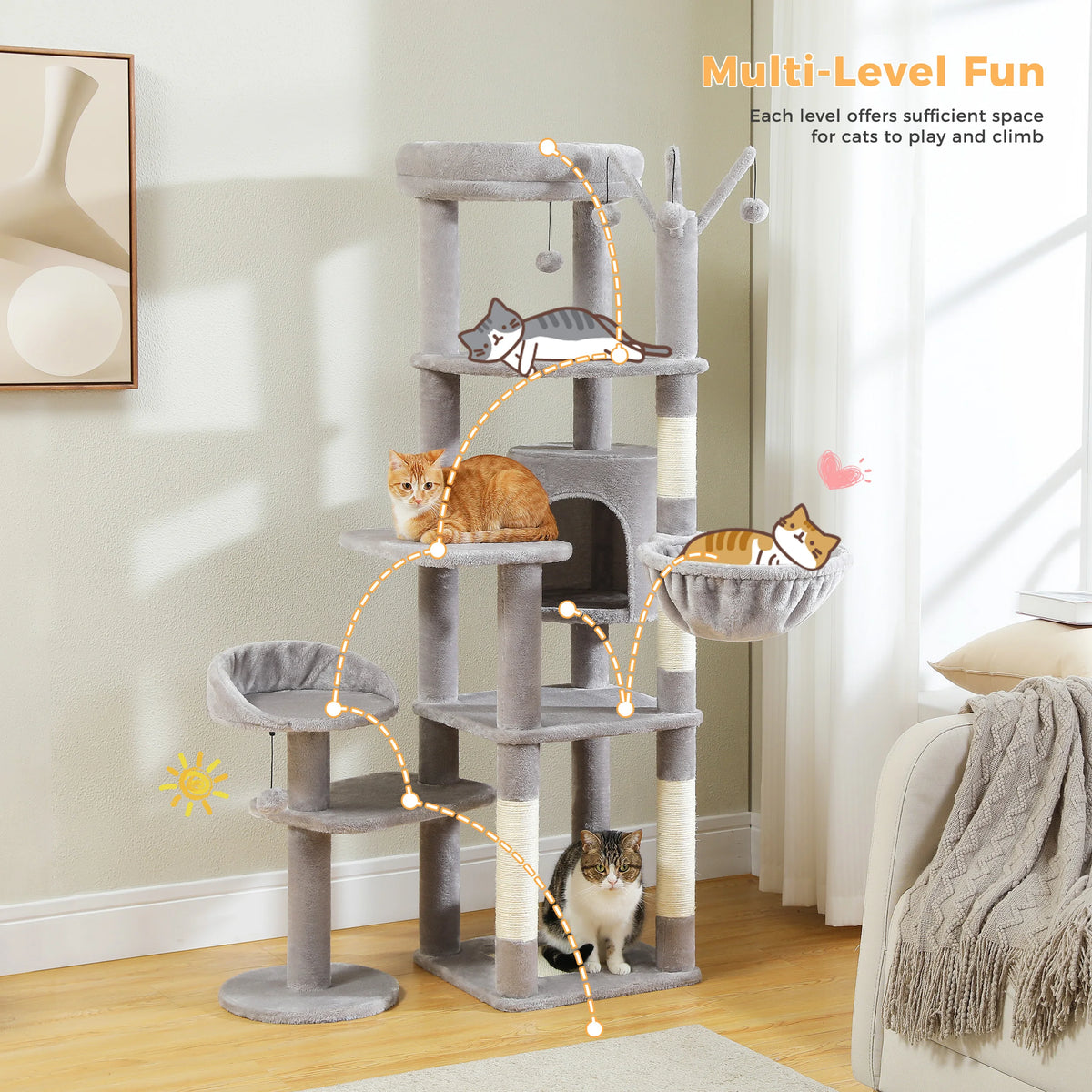 Large I YAN multi-level cat tree with scratching post, hammock, perches, and hanging balls for indoor cats.