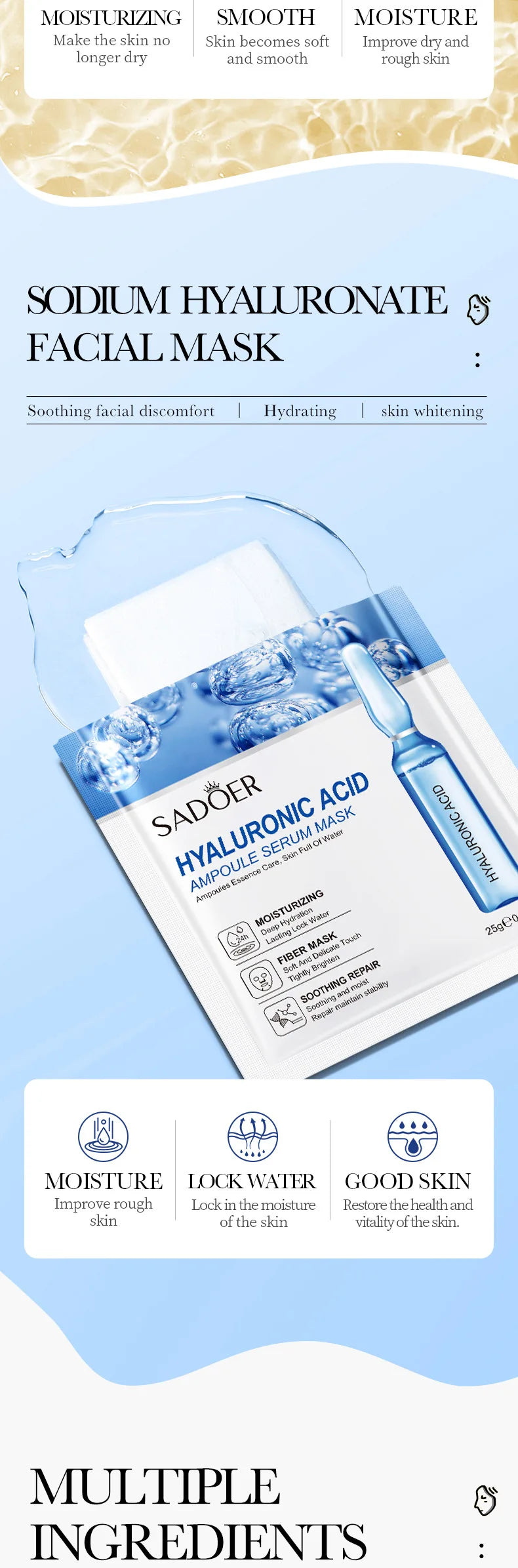 30/15pcs SADOER 24K Gold Vitamin C Hyaluronic Acid Facial Masks Face Moisturizing Firming Hydrating Face Mask Facial Skin Care