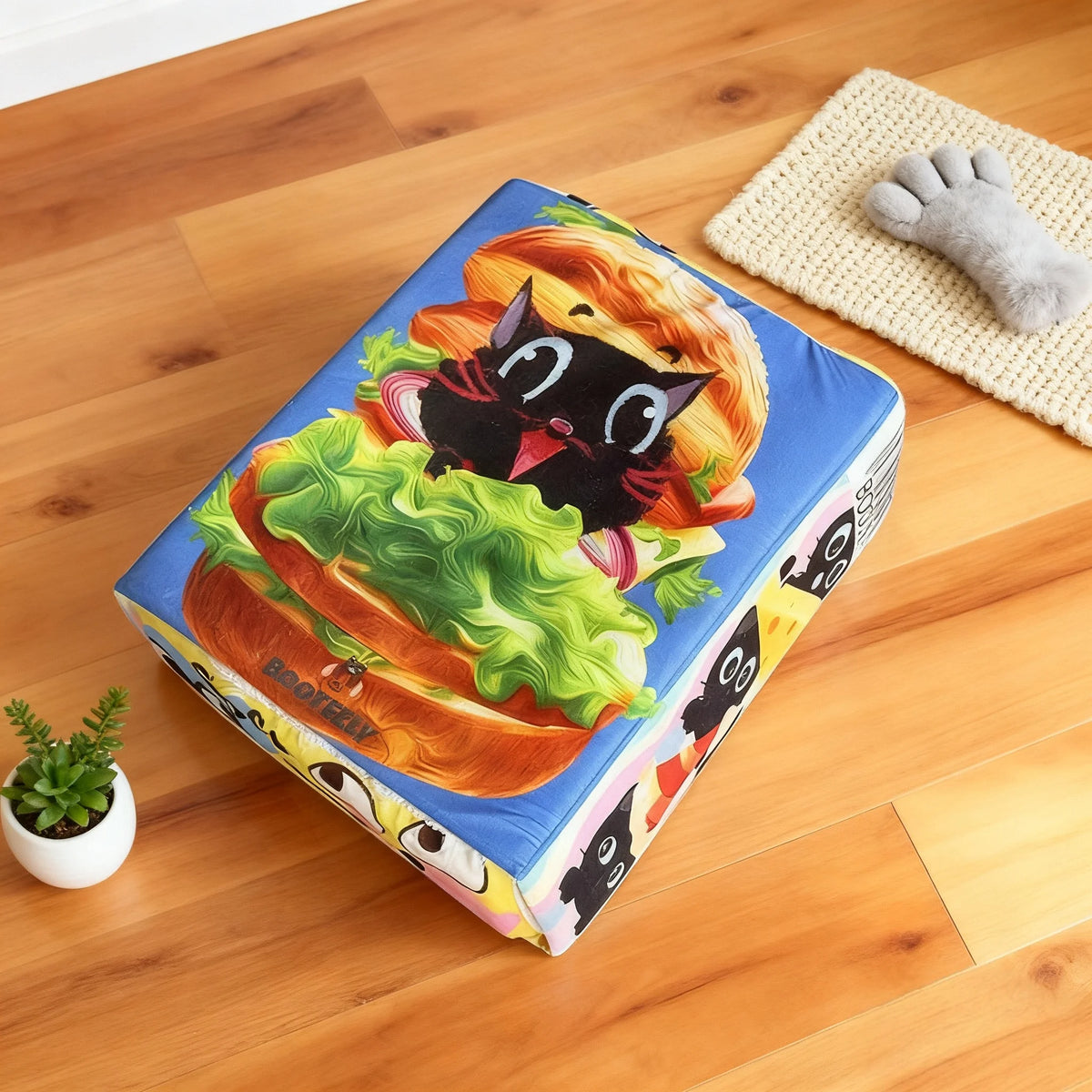 I YAN BOOTEELY plush cat bed in cartoon hamburger design, cozy black cat snack box nest for comfortable pet rest with cute look