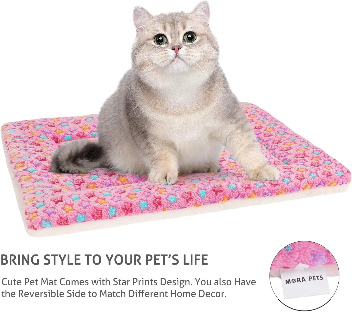 Ultra Soft Pet Bed with Star Print, Washable Crate Mat for Small Dogs & Cats, Reversible Fleece, 14x17.5in Pink