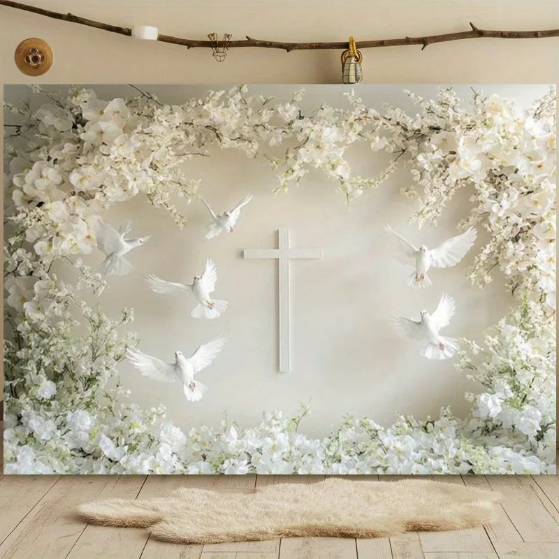 First Holy Communion Backdrop Flower Gold Cross Decor Boy Girl Baby Shower My Baptism Birthday Party Photography Background Prop