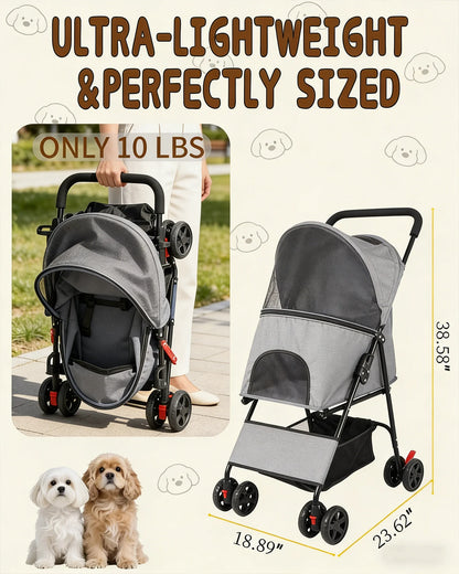 Lightweight I YAN foldable pet stroller with 4 wheels, breathable mesh for small dogs and cats, portable travel pet cart