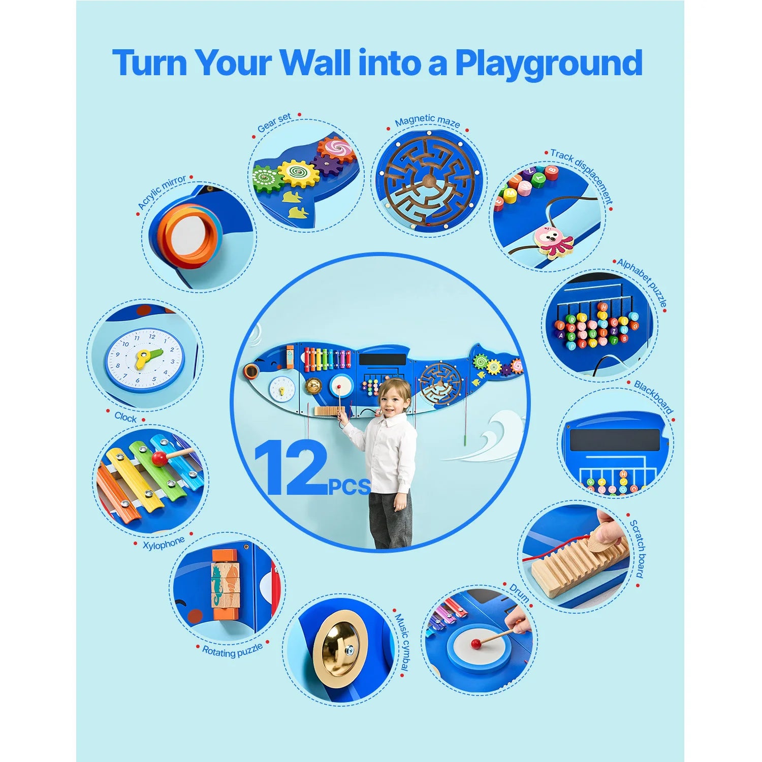 I YAN Orca Kids Wall Busy Board with 12 activities, hanging panels for sensory learning and Montessori play for toddlers.