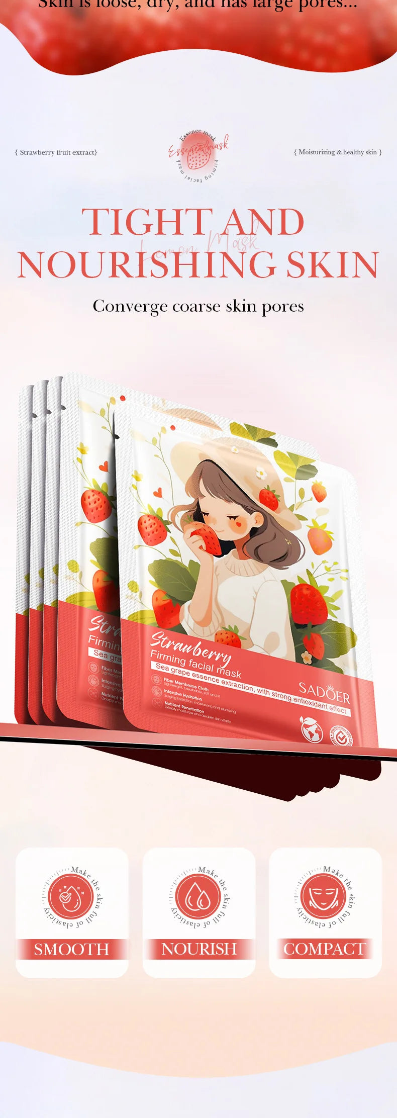 10pcs SADOER Fruits Facial Masks for Face Moisturizing Brightening Firming Hydrating Face Mask Beauty Facial Skin Care Products