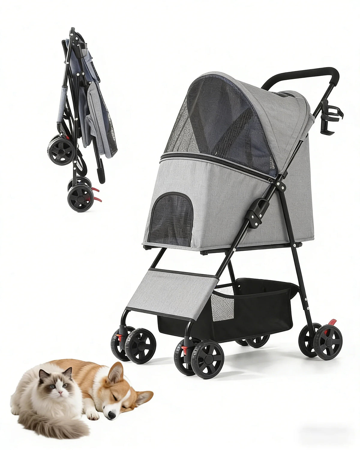 Lightweight foldable pet stroller for small dogs and cats with four wheels, portable design, and storage basket by I YAN.