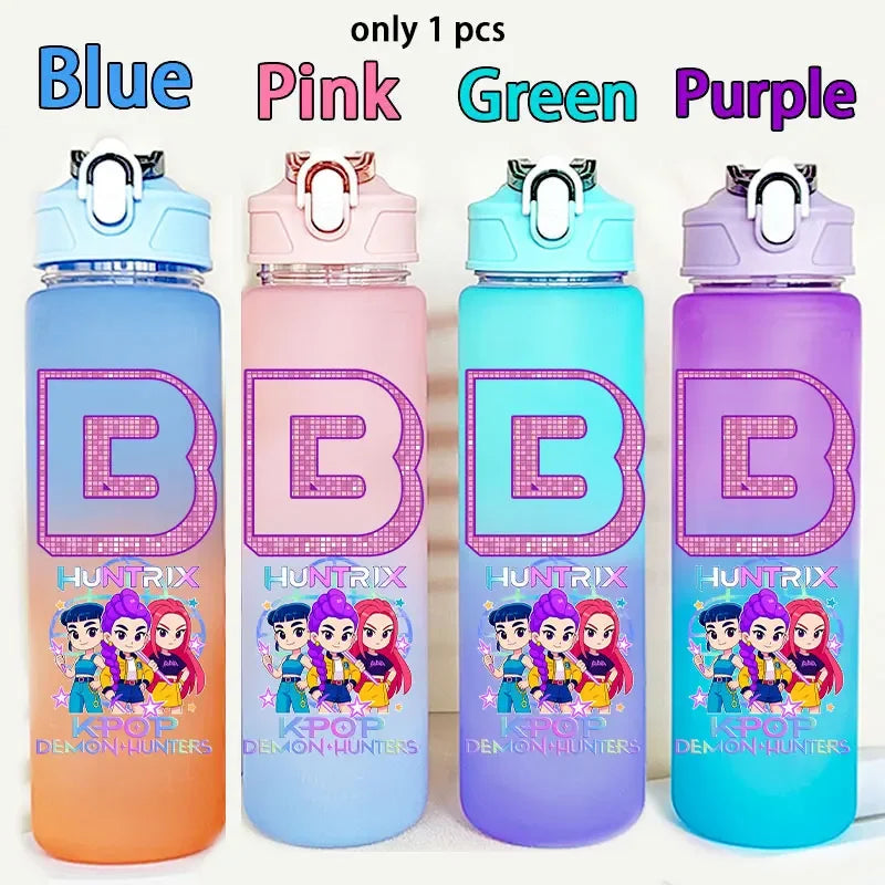 Kids water bottle featuring Kpop Demon Hunters design by I YAN, 750ML capacity, with a fun Warriors letter and number theme.