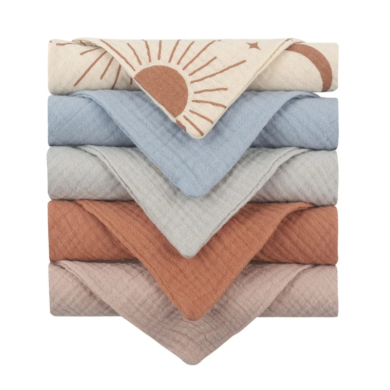 Set of 5 I YAN square cotton baby face towels and burp cloths, soft, absorbent, and gentle for feeding and baby care.