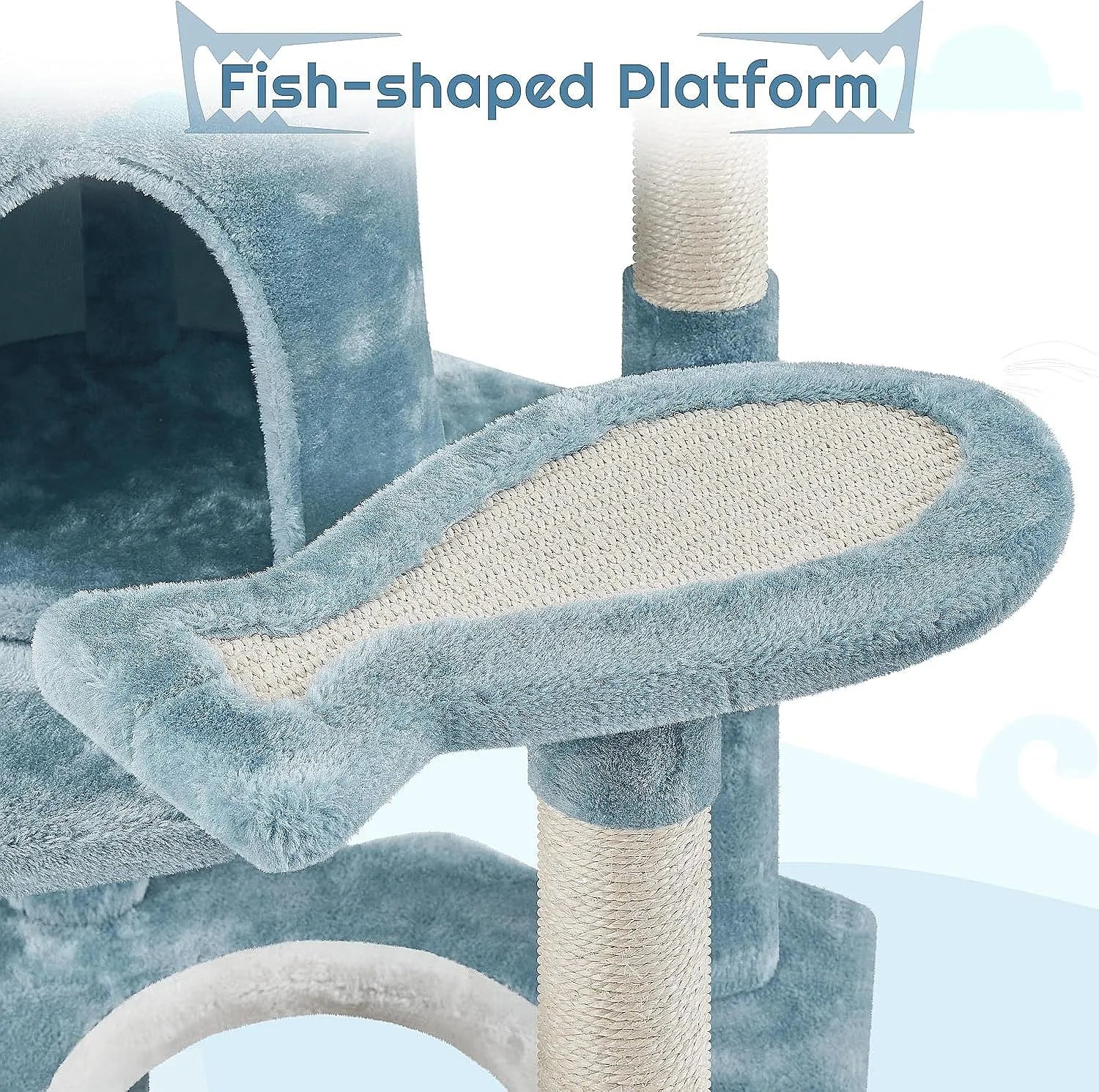 61in Ocean Cat Tree Tower with Shark Mouth Nest, Fish Platform, Sisal Posts, Plush Bed