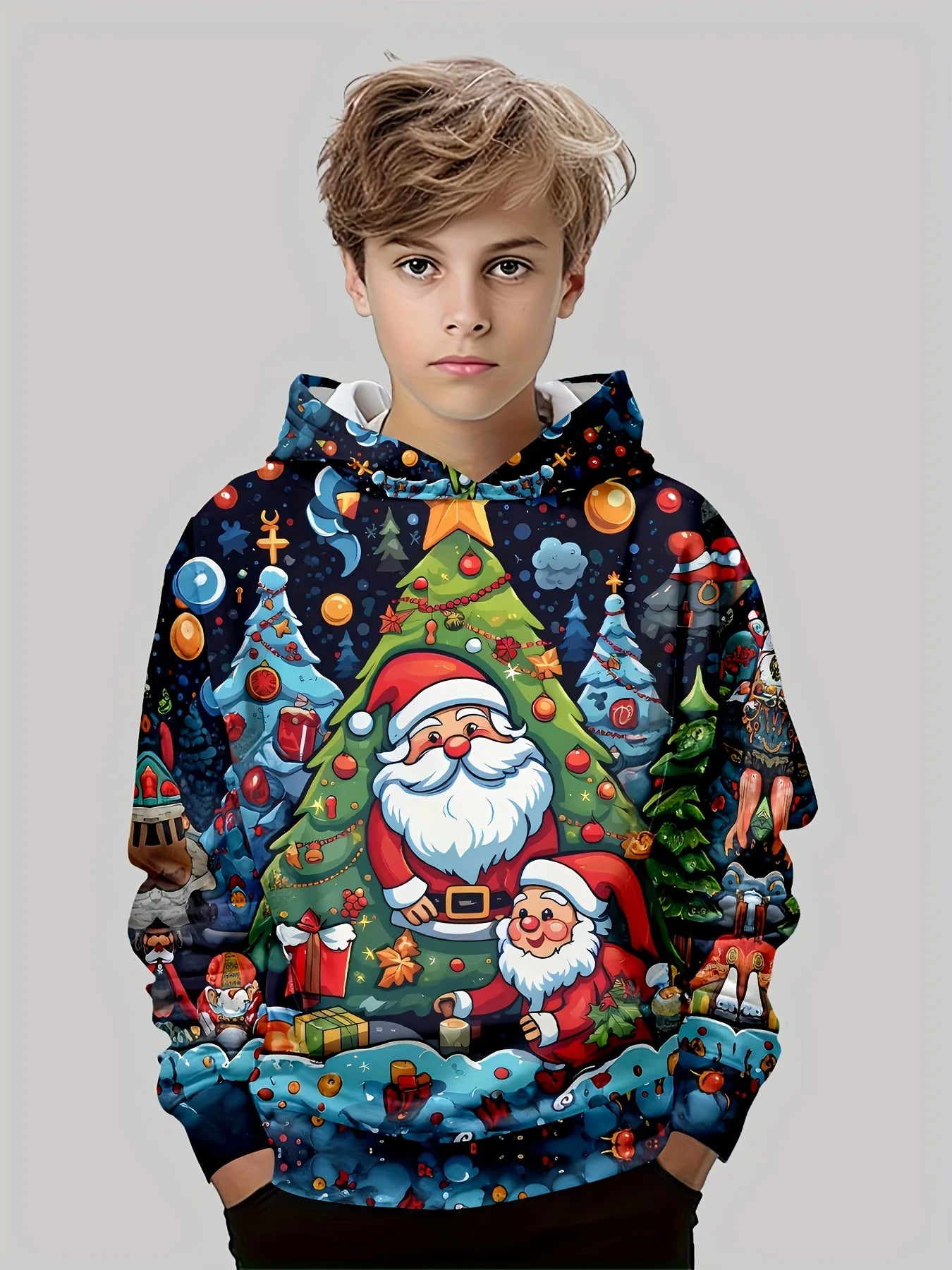 New Hot Sale Kids' Christmas Hoodie: Santa Claus & Tree Long-Sleeve Top, Autumn/Winter Party Gift For Parties and Play