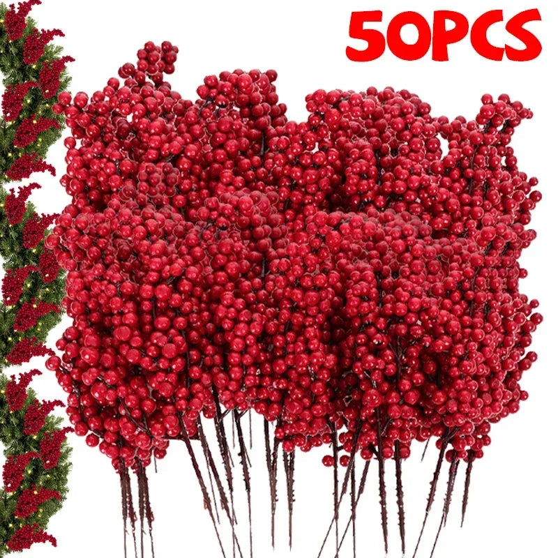 1/60PCS Christmas Red Berries Branch Artificial Holly Berry Stamen Flowers Wreath for Tree Ornaments New Year Party Home Decor