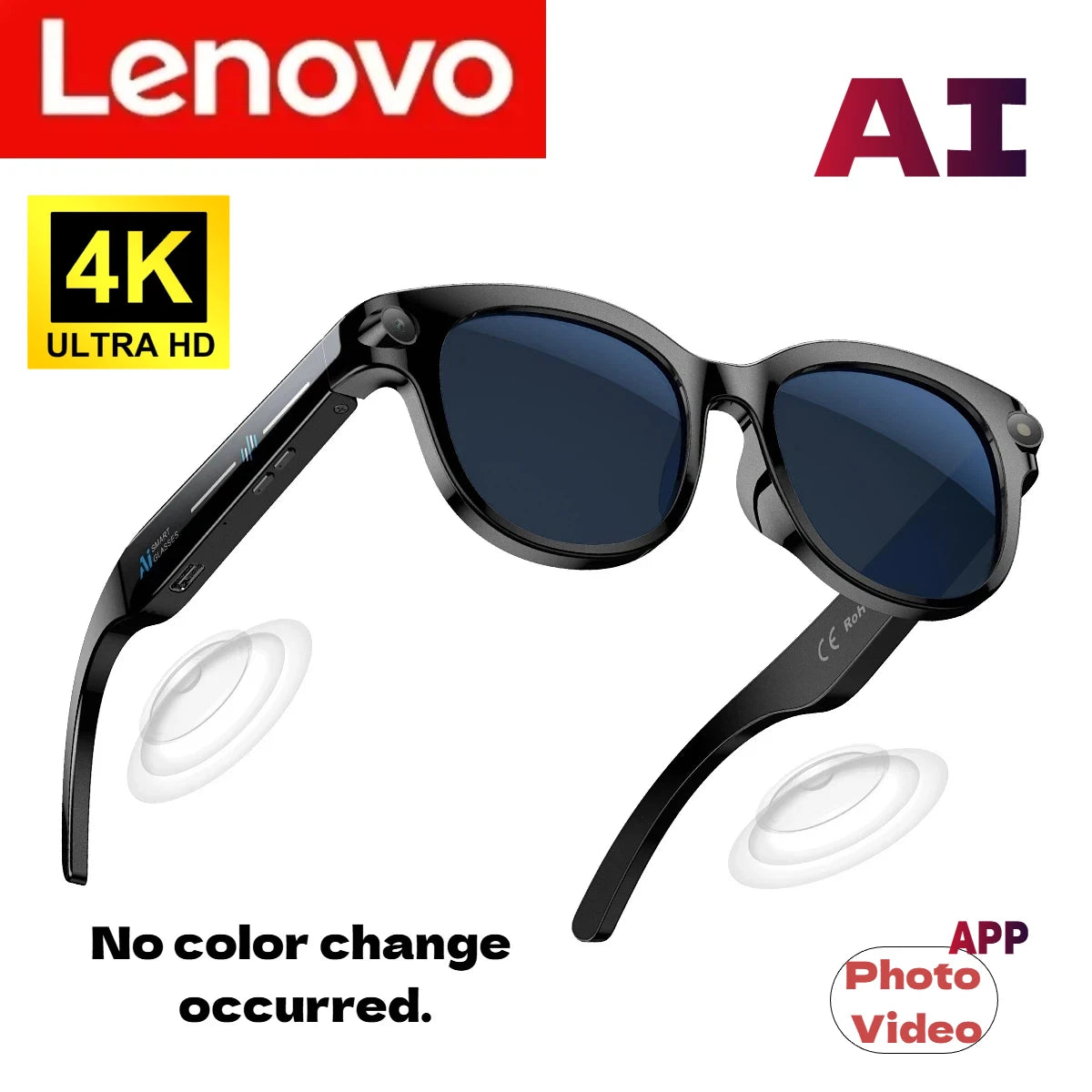 Lenovo 8K 4K AI HD Shooting Smart Glasses Multifunctional Camera Bluetooth Call Music VoicePlayer Translate Photochromic Glasses