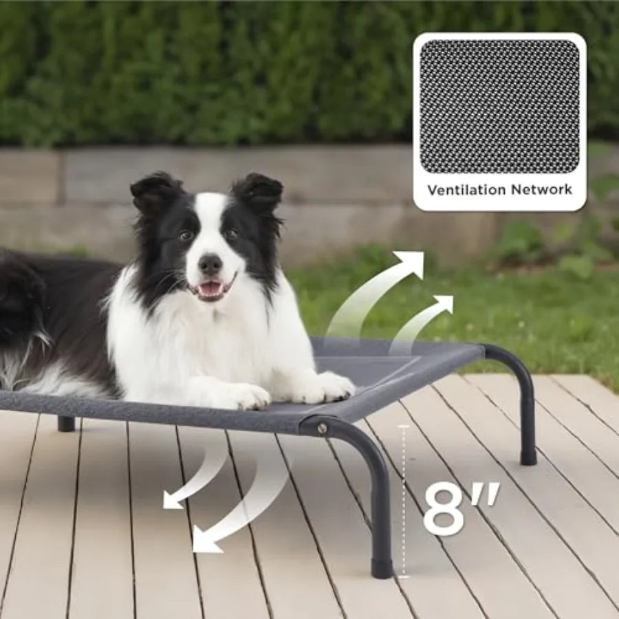 Large outdoor I YAN elevated cooling dog bed with breathable Teslin mesh, portable raised camping pet cot hammock in weather-resistant design.