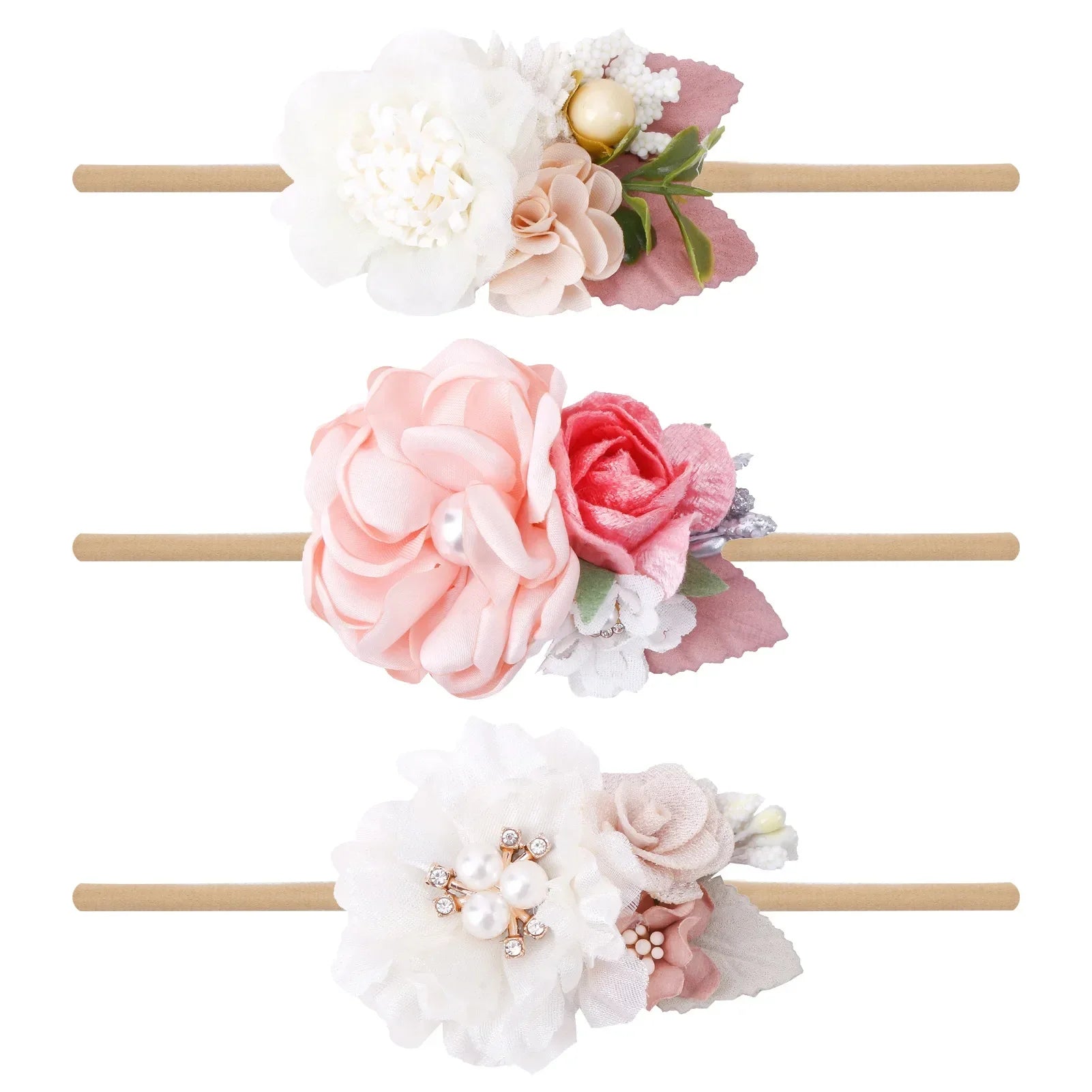 Super Elastic Nylon Flower Headbands for Baby 3 pcs Set Baby flower Headbands New Hot Selling Fresh and Idyllic Style