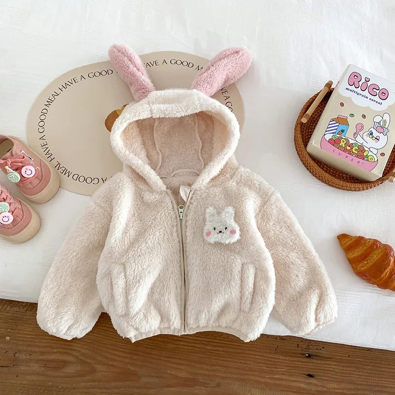 Plush Baby Girls Boys Jacket Spring Autumn Keep Warm Zipper Hooded Outerwear Cute Rabbit Bear Infant Coat 0-5 Years Kids Clothes