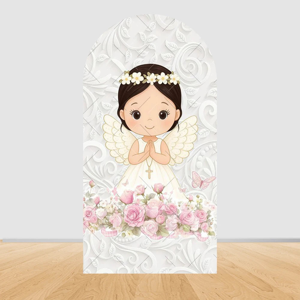 First Communion Arch Backdrop Cover Flowers God Bless Holy Cross Dove Girl Boy Baptism Baby Shower Decor Arched Background Props