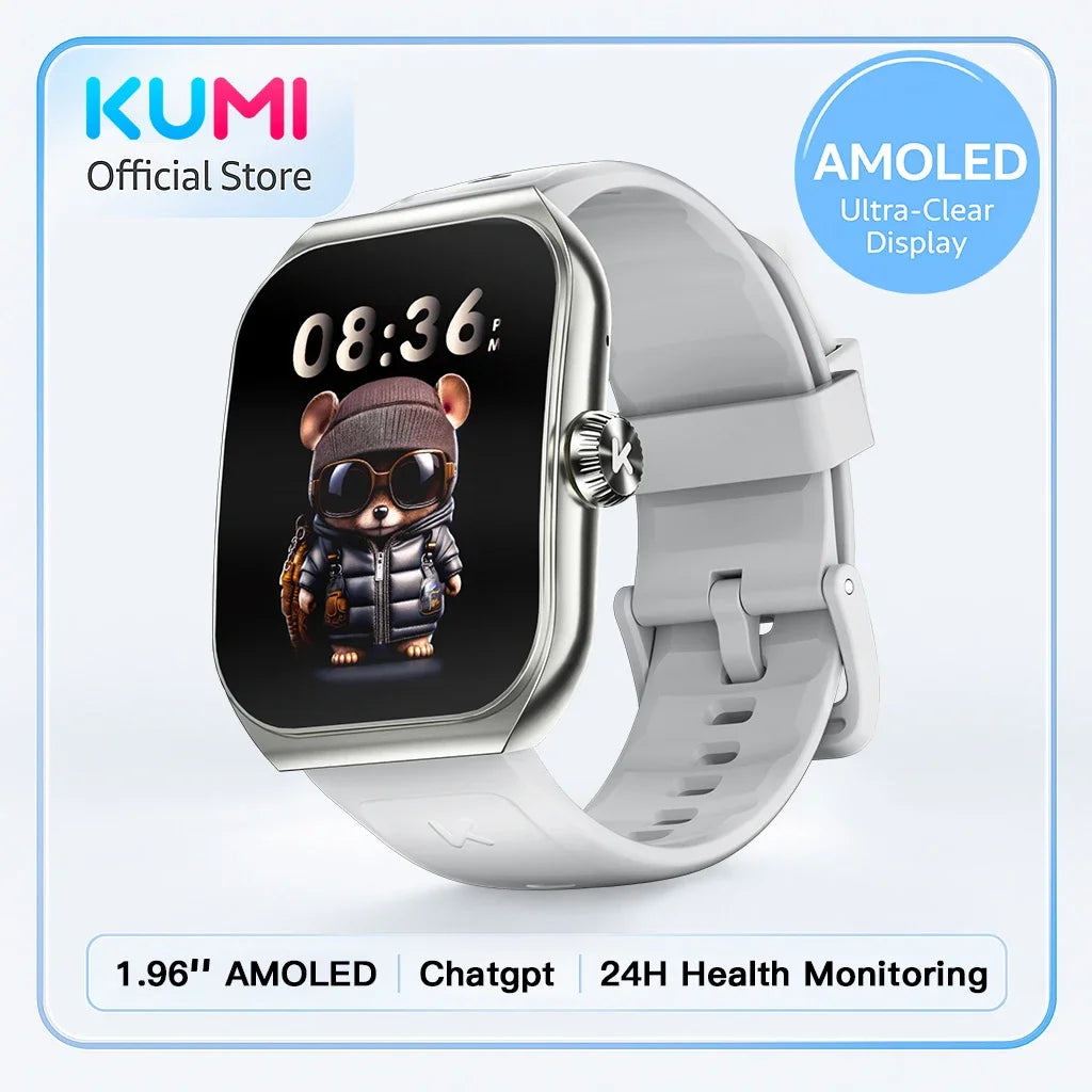 KUMI KU7 Smart Watch 1.96" AMOLED AI Voice Assistant Bluetooth Call NFC IP68 Waterproof SOS Heart Rate SpO2 Fitness