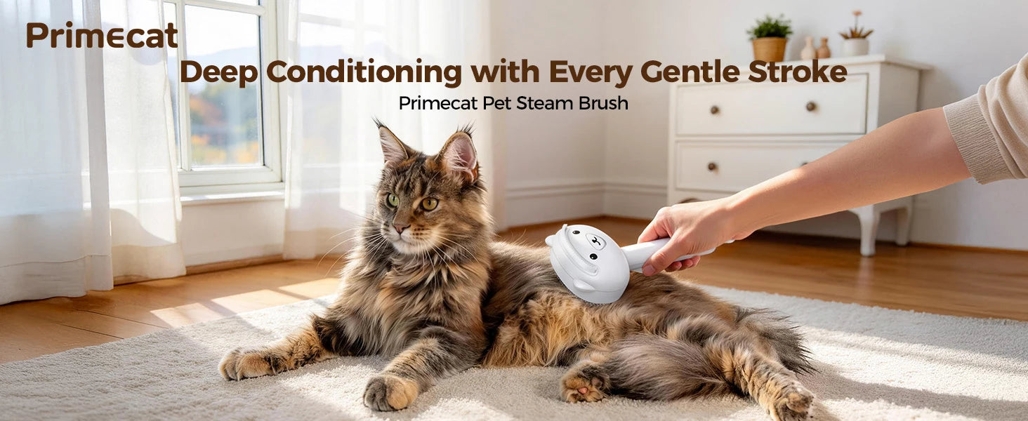Self Cleaning Shedding Steam Cat Brush, Silicone Scraper Included Dog Brush, primecat, Cat Brushes for Shedding, USB Rechargeable, for Grooming & Haired Pets, Dogs & Cats, White