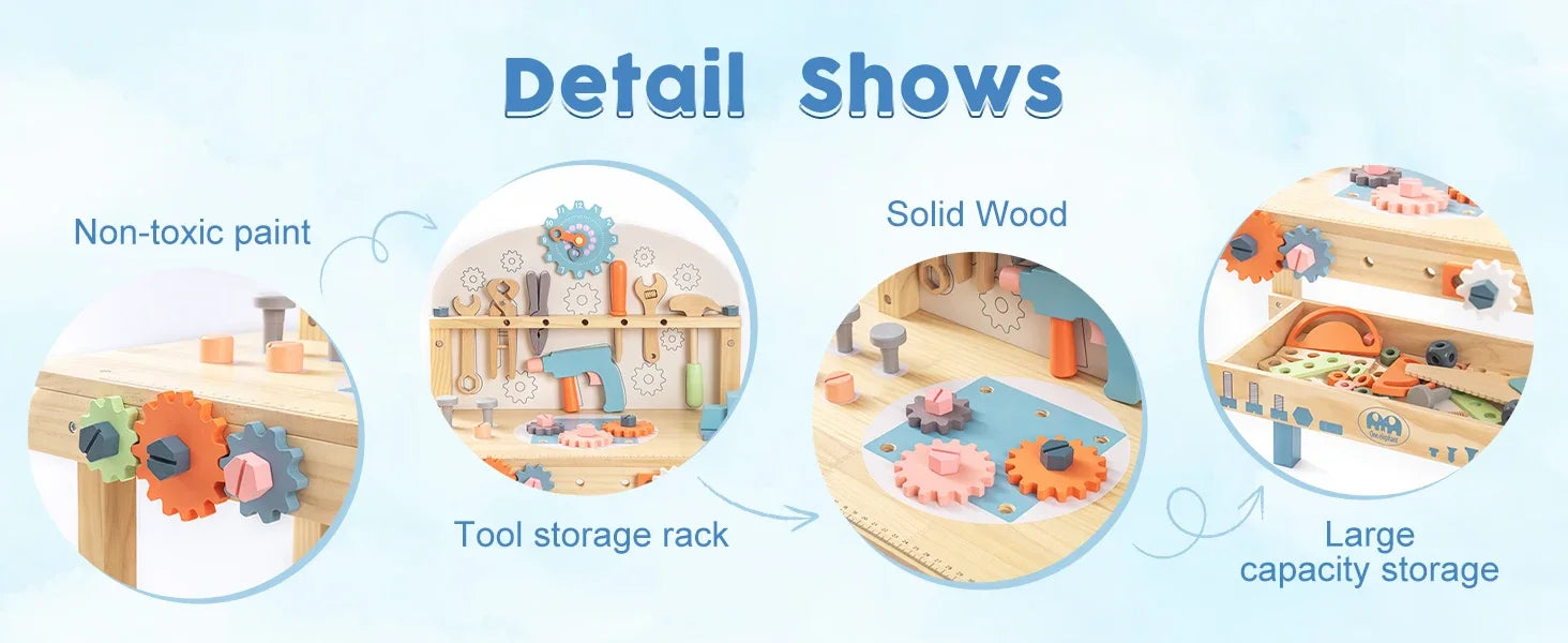 Robotime Robud kids wooden work bench set with tools, construction toys for boys and girls, suitable for ages 3 and up.