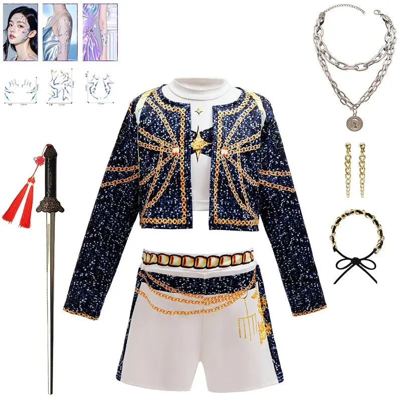 Kids K-Pop girls cosplay costume set featuring Rummi and Zoe characters, colorful outfits for children aged 2 to 12.
