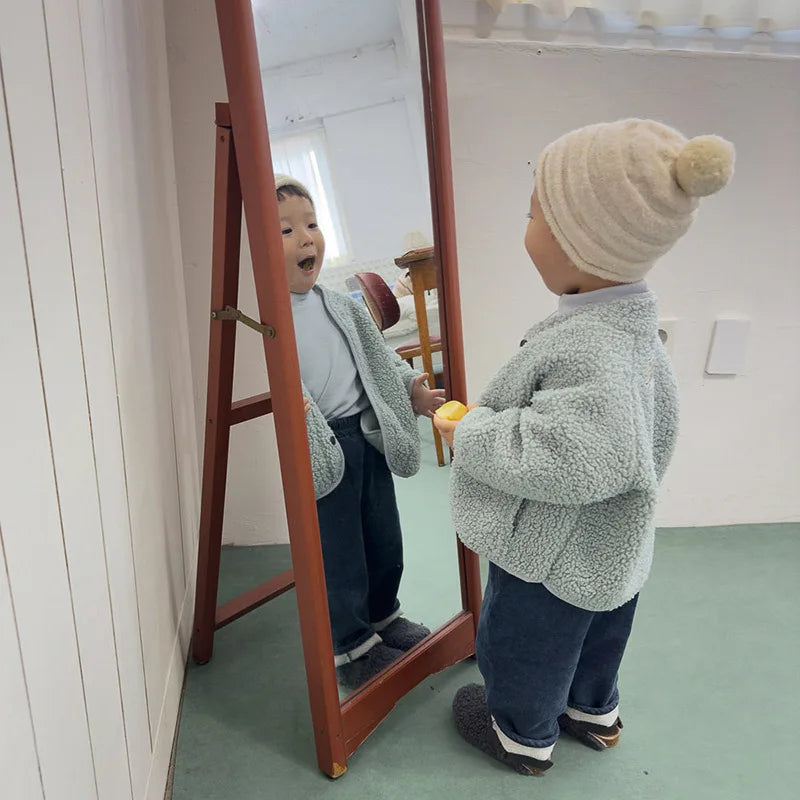 5125 Korean Children's Clothing 2024 Winter Boys and Girls Pure Color Lamb Wool Coat Plus Velvet Padded Jackets