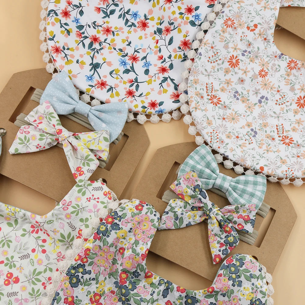 Set of I YAN baby bibs, elastic nylon headbands, and saliva towels with floral prints for boys and girls, cotton linen material.