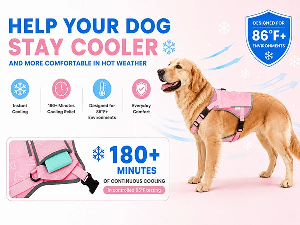 Pink I YAN dog cooling vest harness with 4 ice packs, designed for large dogs, offers over 180 minutes of cooling relief.