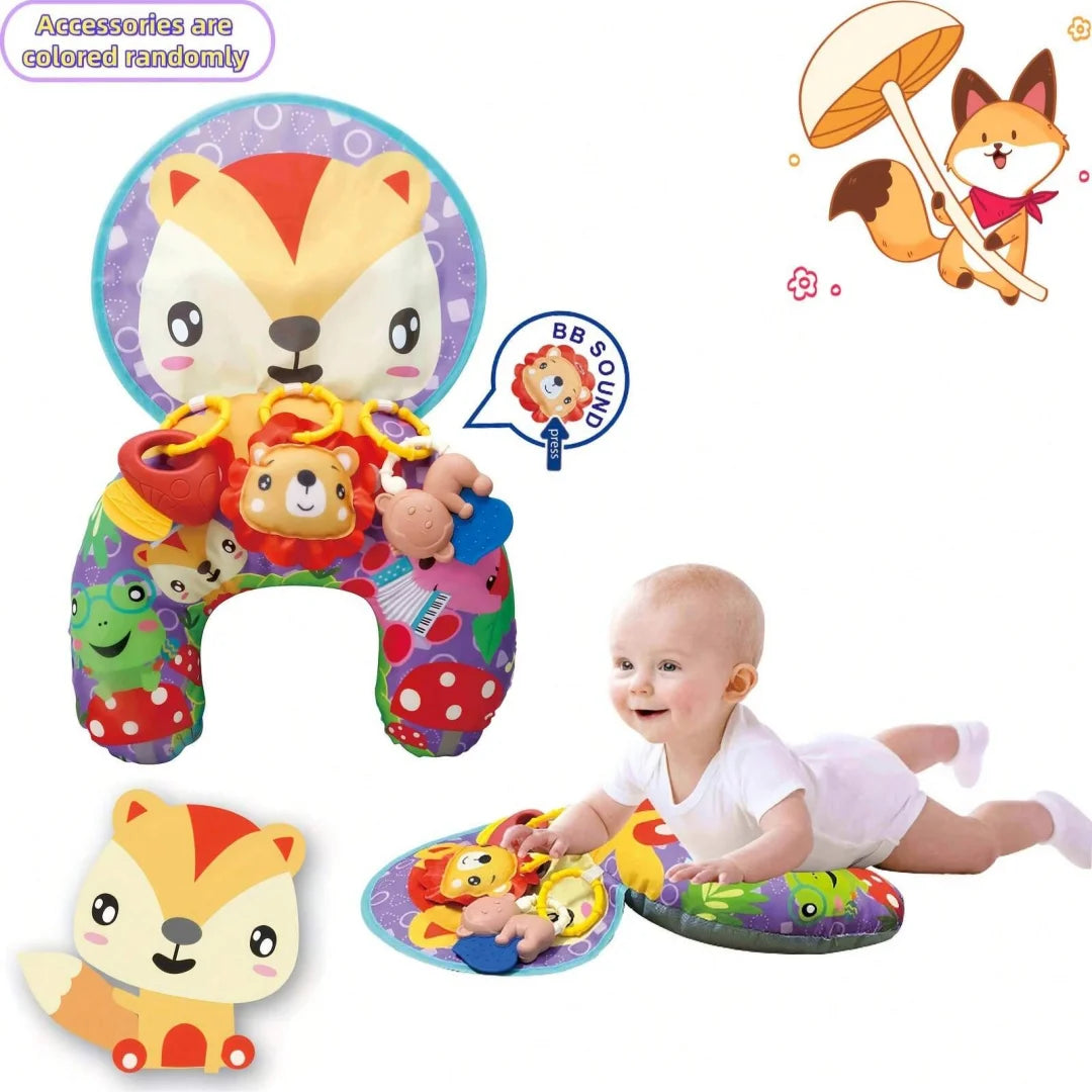 Colorful baby tummy time pillow with rattle toys and cartoon animal design, supporting infants during play and crawling activities.