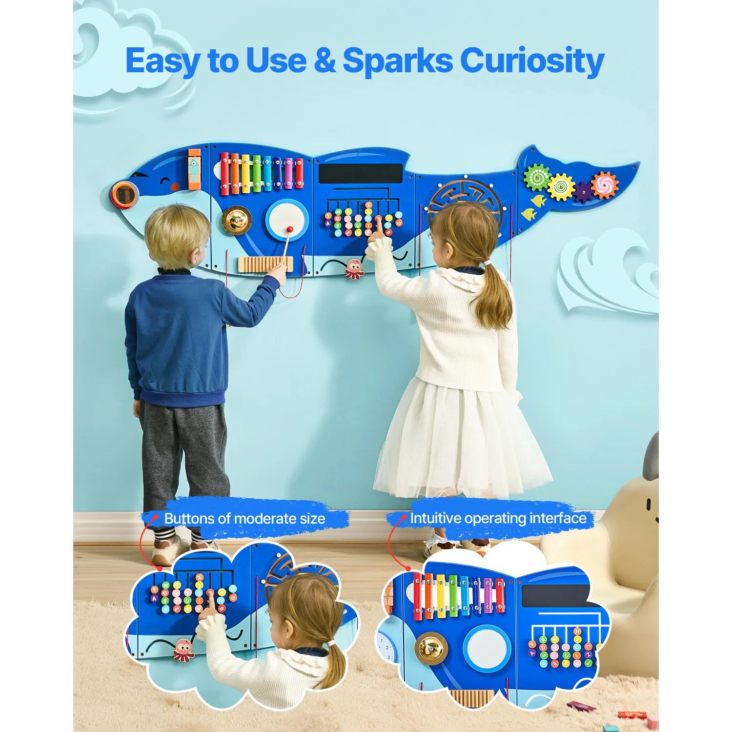 Orca Kids Wall Busy Board by I YAN featuring 12 engaging Montessori sensory activities for toddlers 3-12 years old.