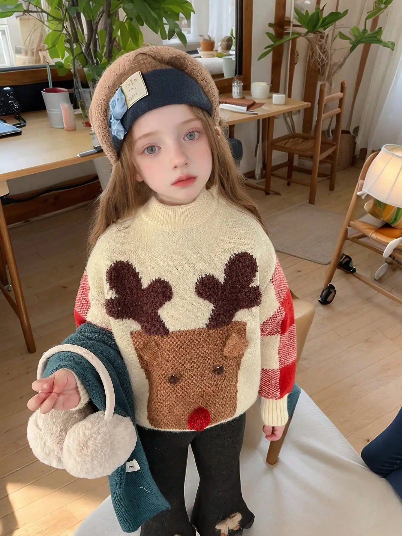 Girl's Christmas cartoon deer sweater
