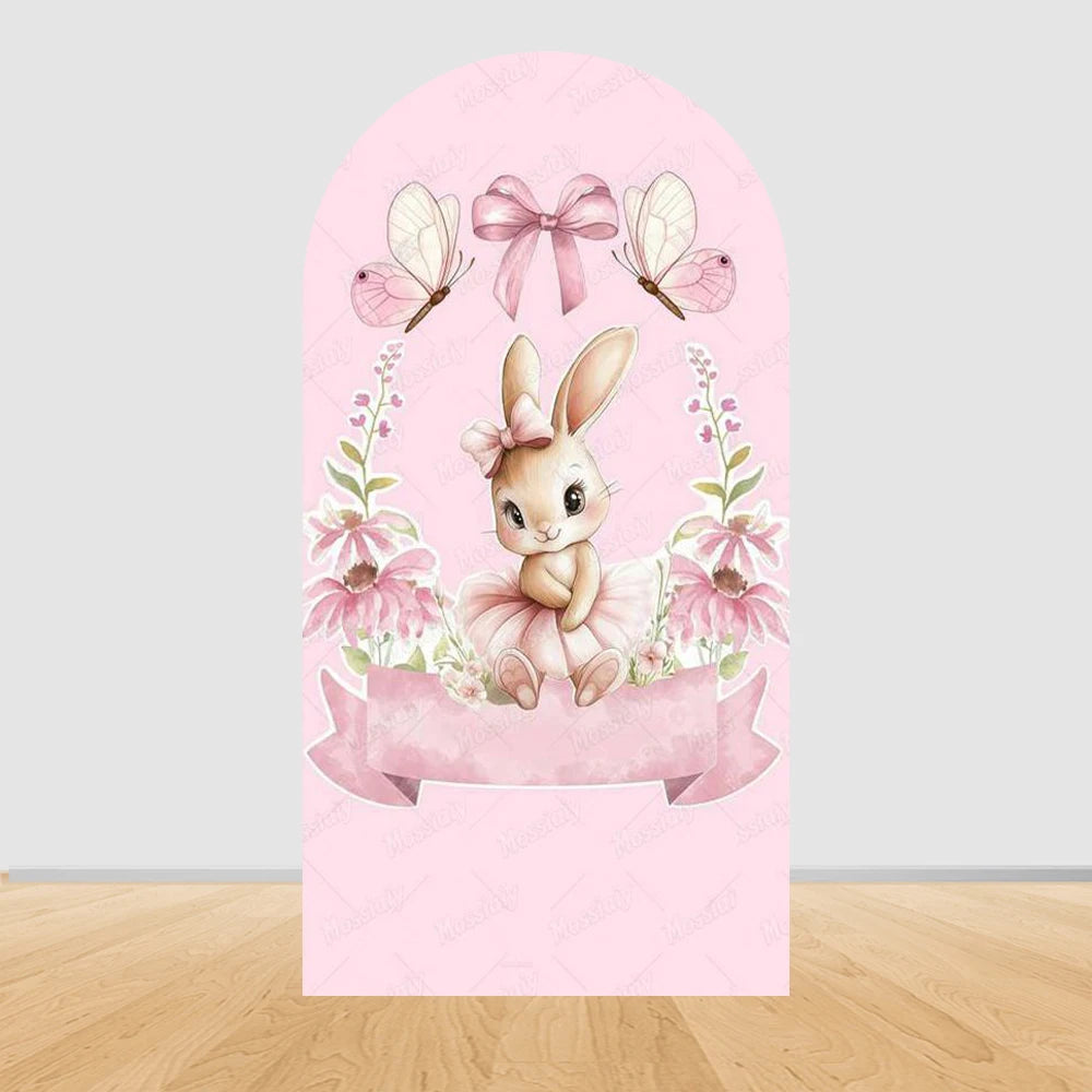 Little Rabbit Pink Flower Bow Baby Girl Birthday Party Arch Backdrop Cover Bunny Baby Shower Arched Photo Background Decor Props