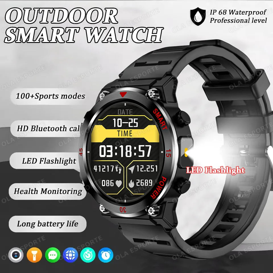 2025 NEW Outdoor Military Sports Waterproof Smart Watch Health Monitoring GPS Tracker Bluetooth Call LED Flashlight Smartwatch