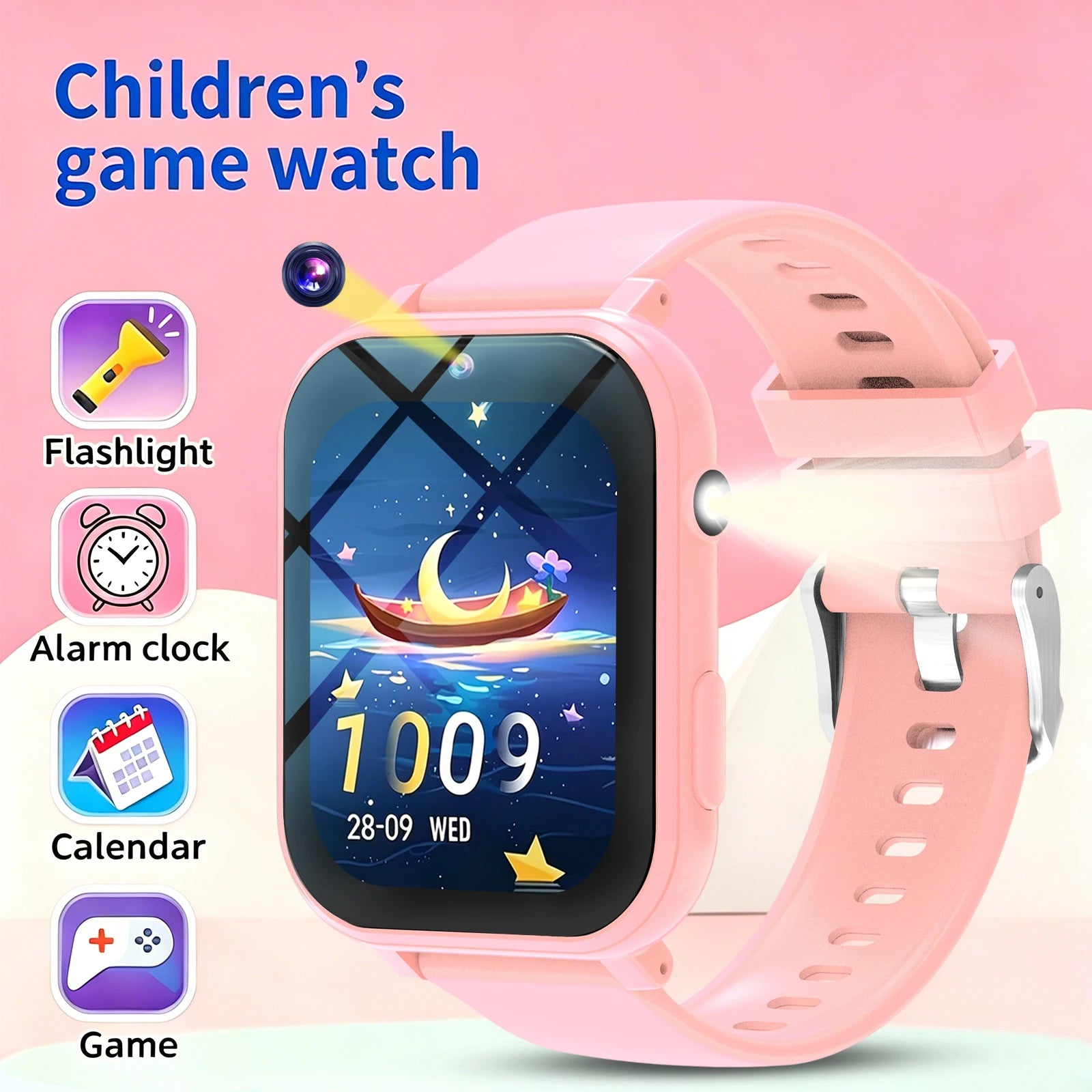 Kids' smartwatch by I YAN with HD touchscreen, camera, music, puzzles, pedometer, and flashlight, designed for children aged 6-12.